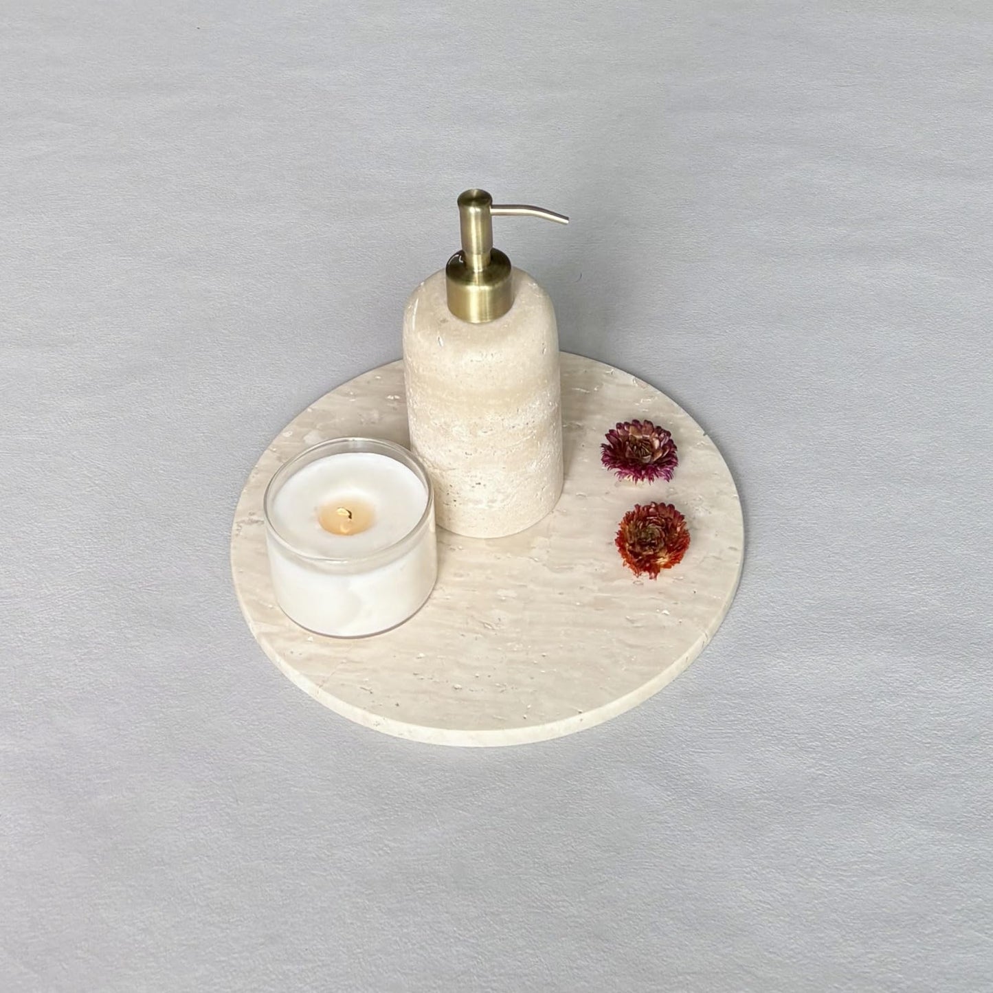 StonePlus Natural Round Marble Tray Matte Polishing Board Circular Plate Home Decor (Beige Travertine)
