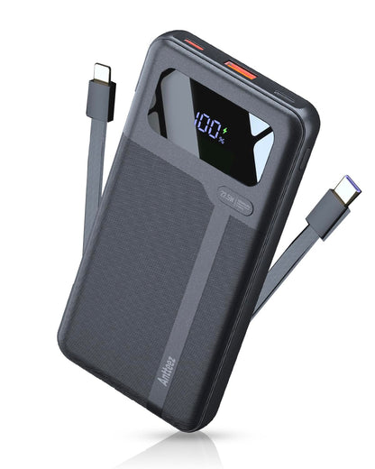 Antteez Portable Charger with Built in Cable - 10000mAh Fast Charging 22.5W Power Bank USB C LED Display Travel Battery Pack 4 Outputs & 2 Inputs for iPhone Samsung iPad Phones Tablets