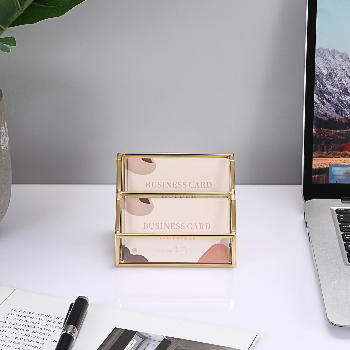 Hipiwe Glass Business Card Holder 2 Slots Gold Business Card Stand Mirrored Base Name Display Holder for Desk Multiple Clear Business Card Holder Display for Office