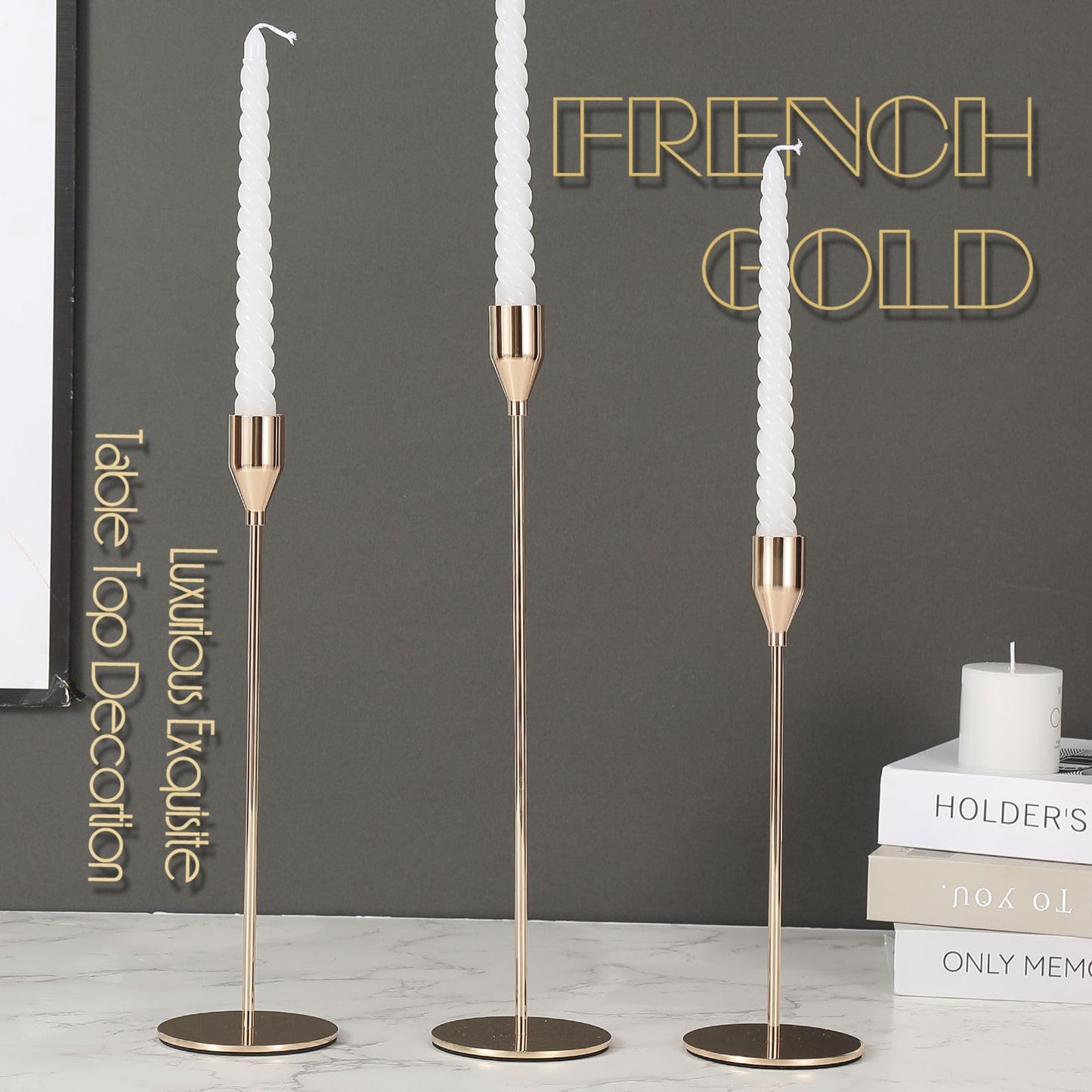 Looscentt 6Pcs French Gold Candlestick Holders Set Fit 3/4" Tall Taper Candle Home Decorative Table Centerpieces for Family Dinning, Party Decoration