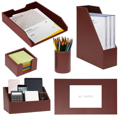 XNONE Office Supplies PU Leather 6-Piece Desk Organizer with Writing Pad, Letter Tray, File Folder Sorter, Pen Cup, Note Holder, Business Card Holder - Brown