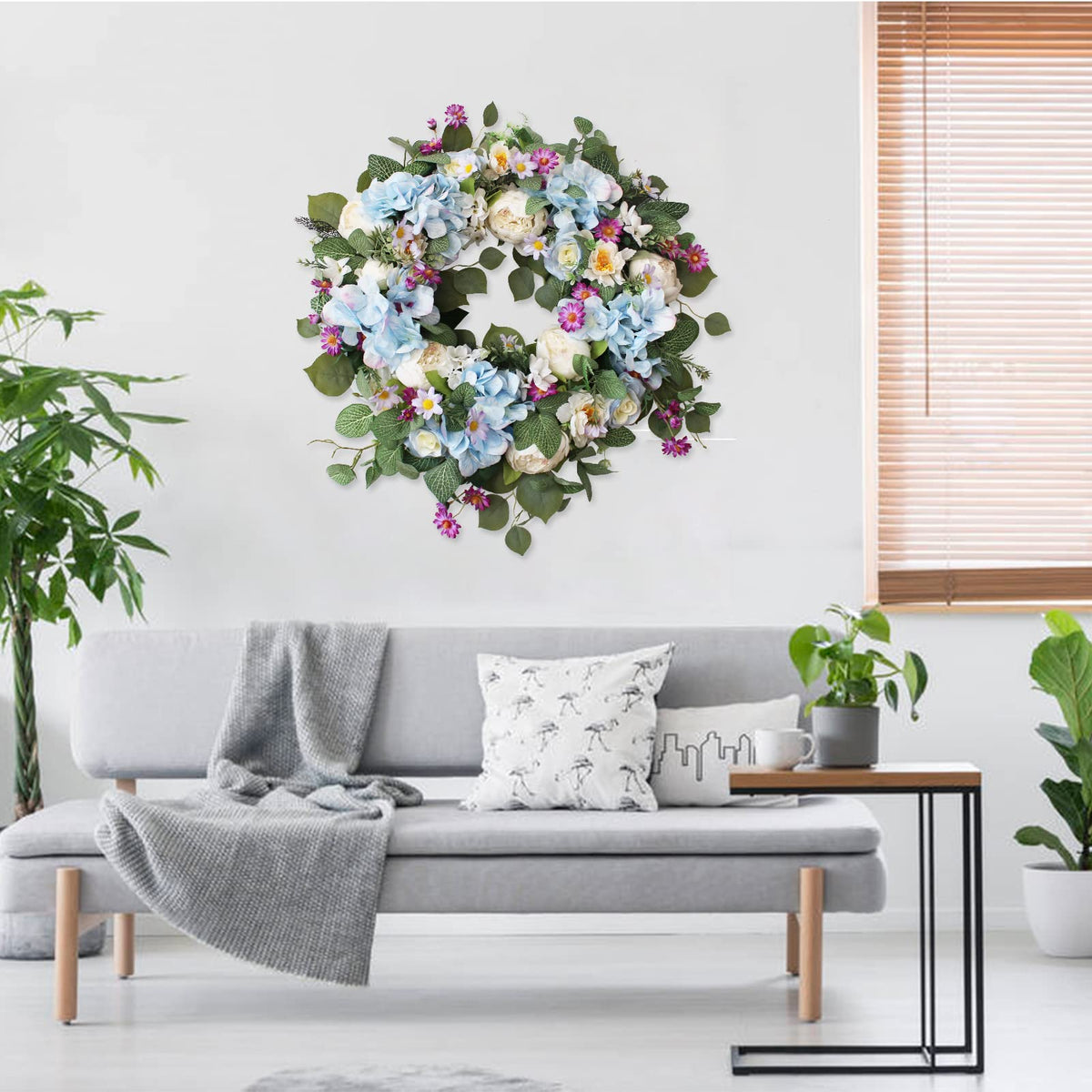 24 Inch Spring Wreaths for Front Door, Spring Wreath,Blue Hydrangea Wreath,Large Spring Summer Door Wreaths for Front Door Outside All Season Home Decor (Blue)