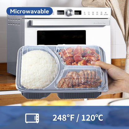 EKOSAVOR Take Out Containers 38 oz 40 Pack - Shrink Wrapped 3 Compartment Leakproof Catering | BPA Free PP Plastic Microwave & Freezer Safe | Flexible Reusable Commercial Black Lunch Boxes with Lid