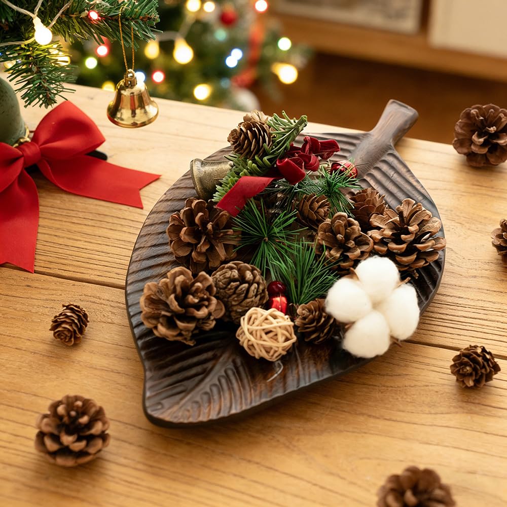 MIGAKU HOME Acacia Wood Leaf Design Serving Tray - Decorative Wooden Platter for Charcuterie, Cheese, Fruit, Kitchen Table Decor