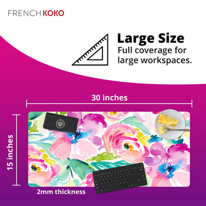 French KOKO Large Mouse Pad Desk Mat Desk Pad Keyboard School Essentials Office Decor Big Extended Laptop Protector Computer Accessories Pretty Mousepad Women Girls Pink Flowers XL Gift