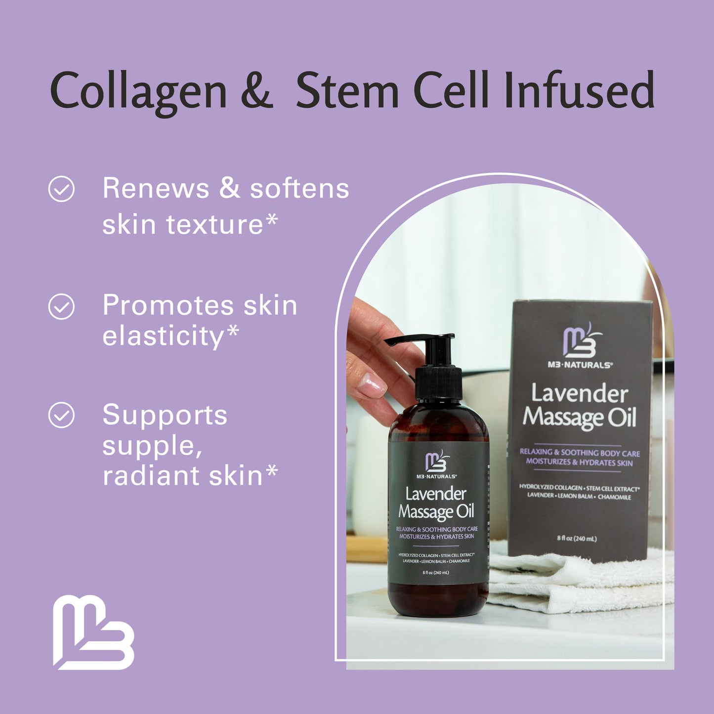 M3 Naturals Firming Body Massage Oil with Collagen & Stem Cell – Helps Smooth The Appearance of Cellulite & Improve Skin Texture – Refreshing Aromatherapy Body Oil for Legs & Full Body – 16 Fl Oz