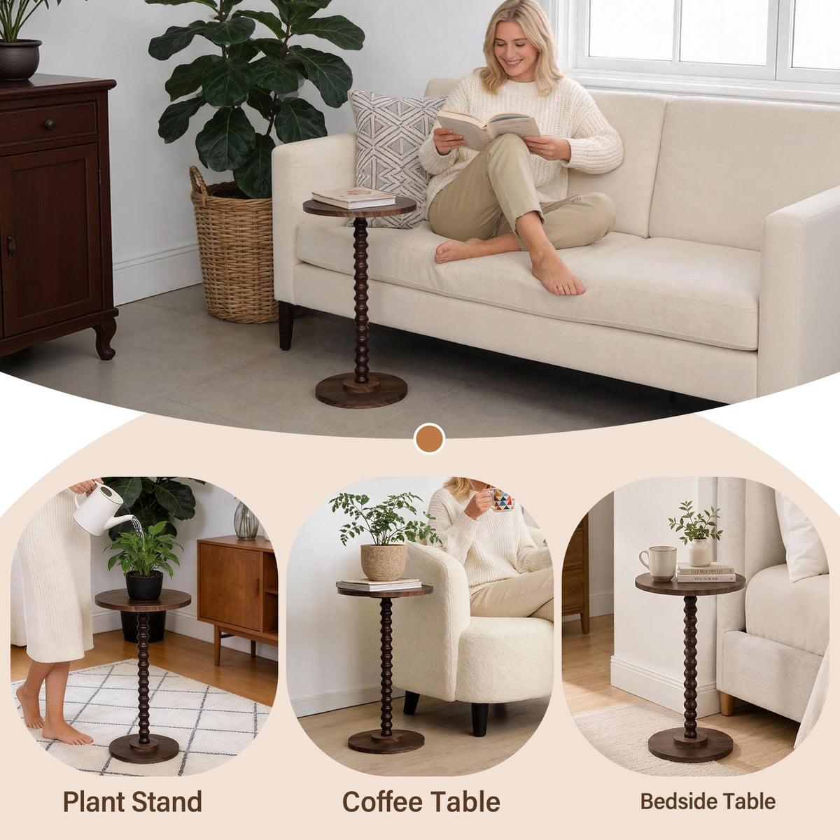 Round Side Table, Walnut Martini Drink Table for Small Spaces, Modern Pedestal Accent Tables with Wooden Leg, Small Round End Tables for Living Room, Bedroom, Balcony, Sofa Couch