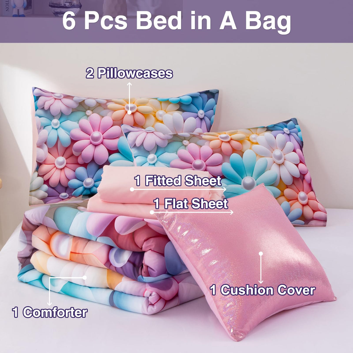 A Nice Night Stunning Blooming 3D Flower Floral Comforter Sets, with Pearl Flower Core Pattern Bedding Set for Girls Twin Size, Ultra Soft Bedding Sets (Blue-Purple, Twin 6Pcs)