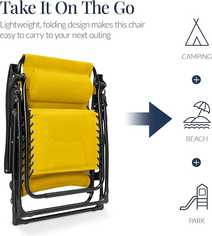 Best Choice Products Oversized Padded Zero Gravity Chair, Folding Outdoor Patio Recliner, XL Anti Gravity Lounger for Backyard w/Headrest, Cup Holder, Side Tray, Polyester Mesh - Yellow