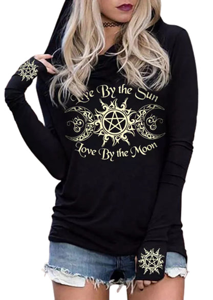 MHTOR Live By The Sun Love By The Moon Hoodie Women's Sun and Moon Casual Long Sleeve Sweatshirt Round Neck Pullover Tops(Medium,Black)