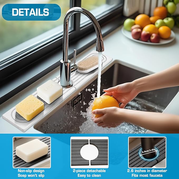 Faucet Mat for Kitchen Sink, Diatomite Quick Drying Tray, Long 23.6'' Kitchen