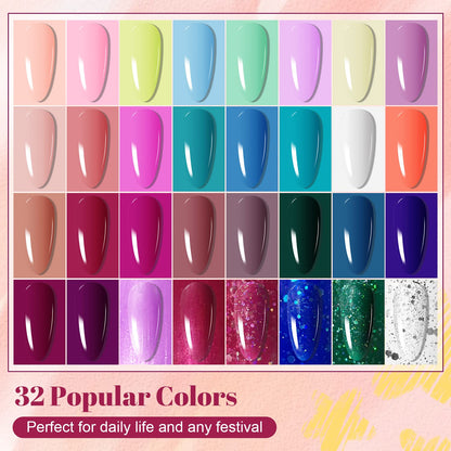 JODSONE Gel Nail Polish Kit with U V Light 32 Colors Gel Polish Nail + 4 Functional Adhesive Bottles Kit Soak Off Manicure Tools Gifts for Women