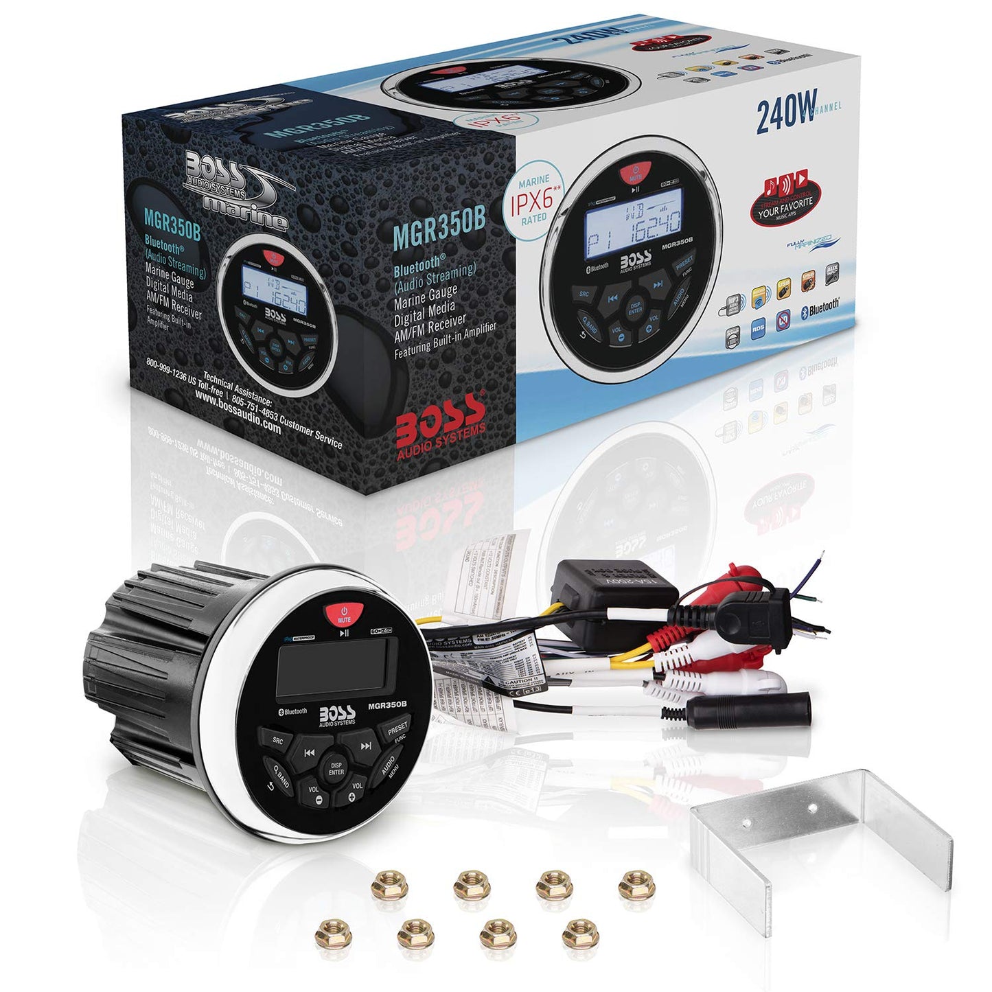 BOSS Audio Systems MGR350B Marine Boat Stereo Gauge Receiver – Bluetooth Head Unit, No CD DVD Player, Built-in 4 Channel Amplifier, Weatherproof, USB, USB Charging
