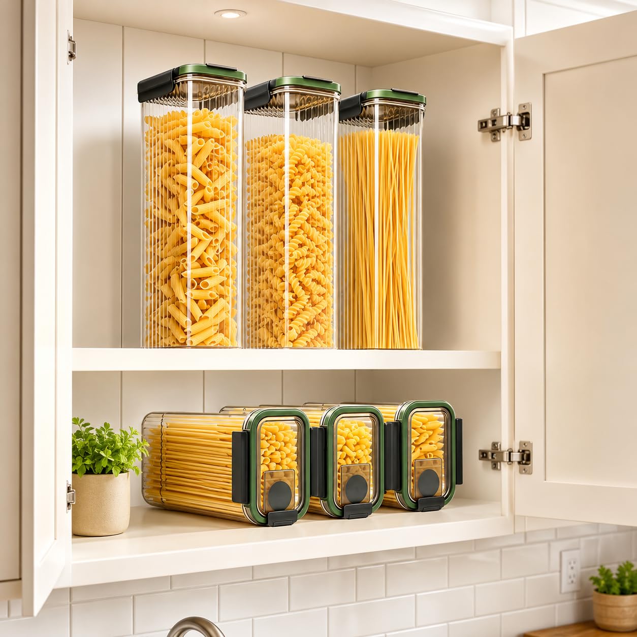 Plastic Pasta Containers, Spaghetti Container Storage, 74oz Set of 3 with Easy-Seal Lid, Pasta Storage Containers, Airtight Square Food Storage Jars for Spaghetti, Pasta, Flour, Oats, Cereal.