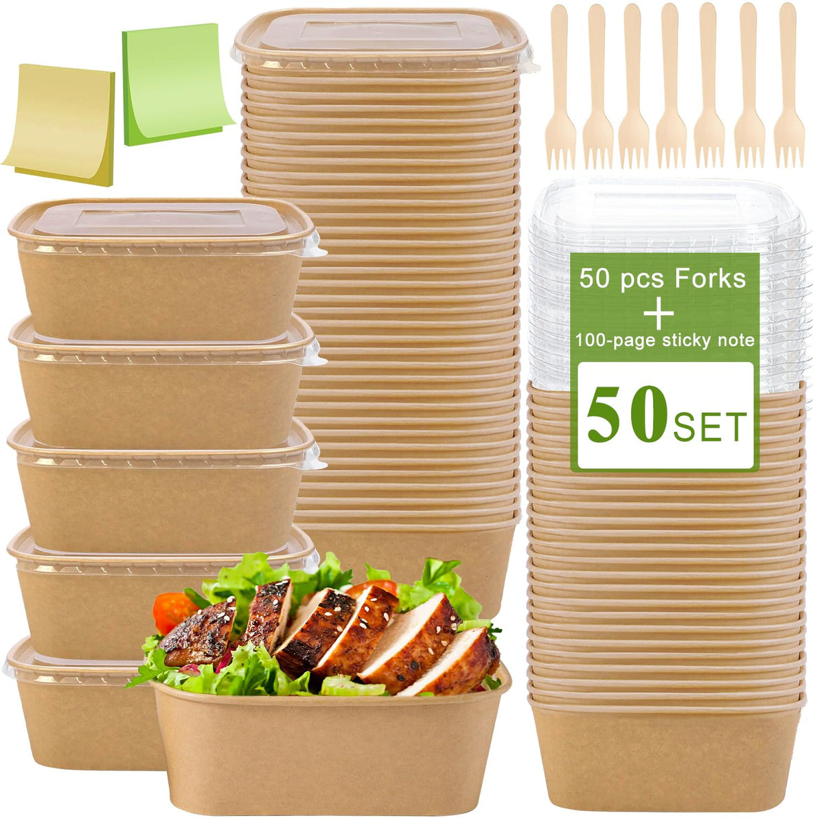 50-Pack 22oz Kraft Paper Bowls Disposable with Lids and Wooden Forks, Disposable Meal Prep Containers Paper Food Prep Containers with Lids, To Go Container for Hot Soup/Salad, Freezer & Microwave Safe