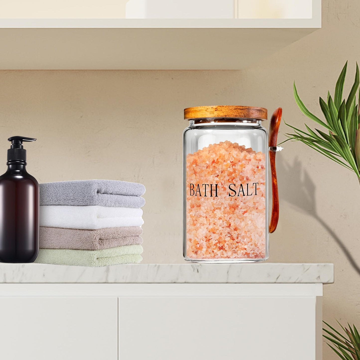 BKYFPQ 74 oz Glass Bath Salts Jar,Bath Salt Container with Wooden Lid and Scoop for Bathroom Organizers and Storage,Home Decor,Bathtub Accessories for Women