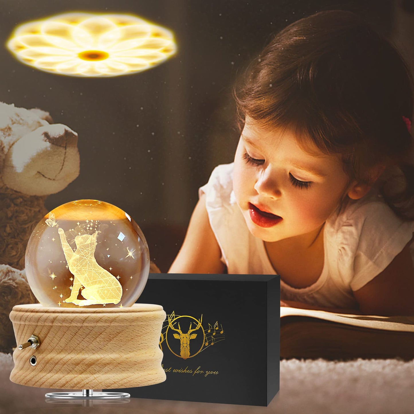 Hwawhin 3D Crystal Ball Music Box with Projection LED Light and Rotating Wooden Base for Christmas, Birthday, Valentine's Day - Music Boxes for Women, Mums and Girls