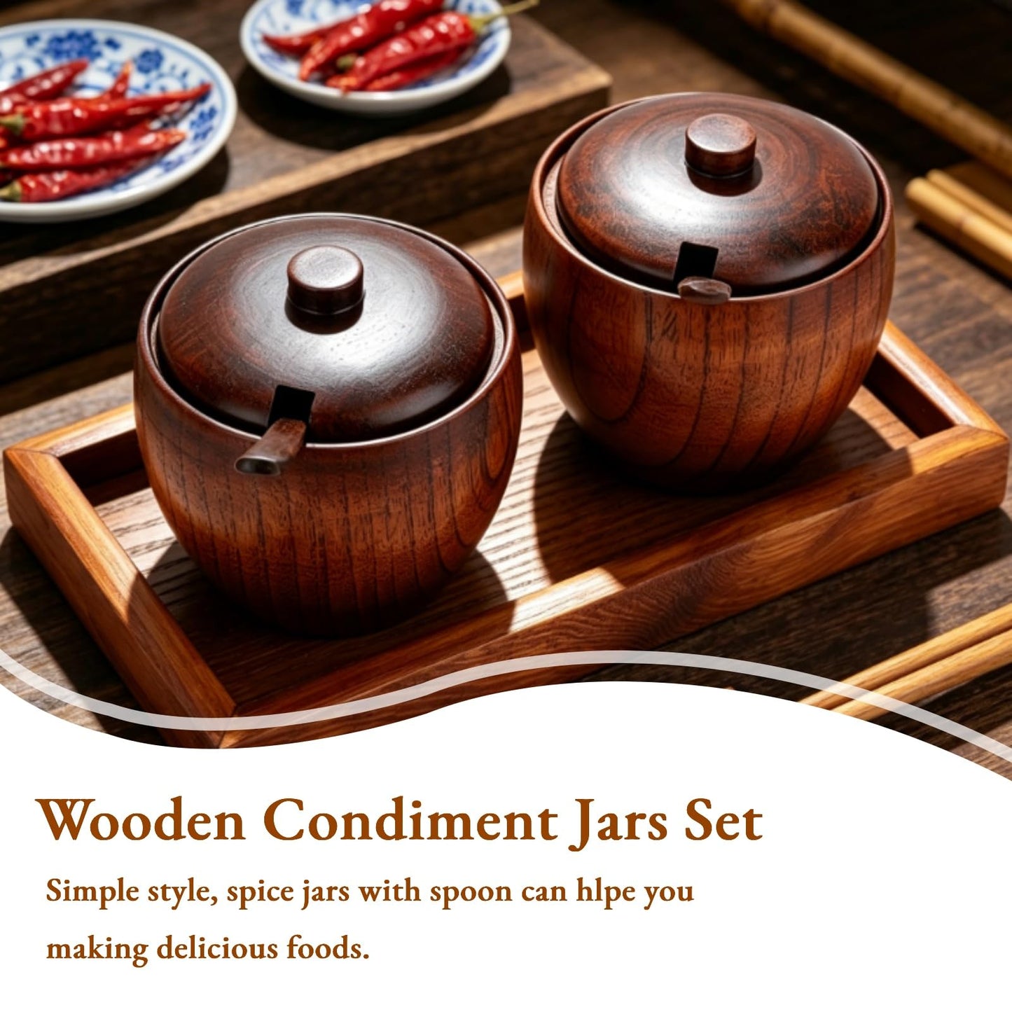 Cyrank Set of 4 Spice Jars, Wooden Condiment Jars Set with Lid and Spoon Wood Seasoning Box Sugar Salt Container Set Condiment Pots for Salt, Sugar and Pepper