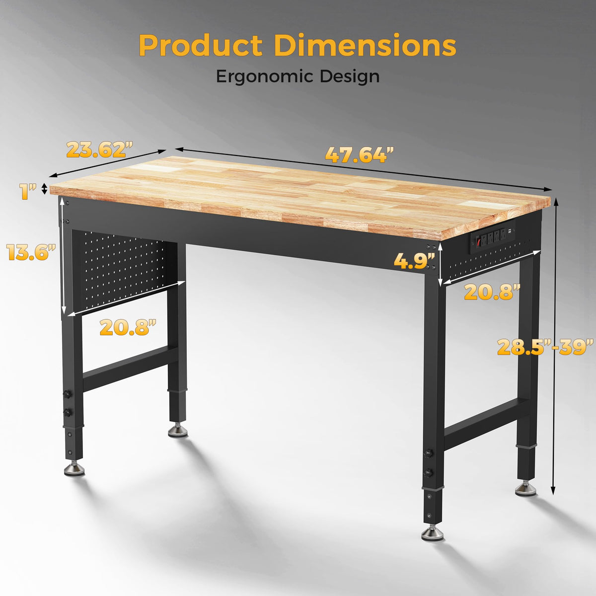 CAMMOO 48" Adjustable Heavy Duty Workbench, 2000 LBS Load Capacity Rubber Wood Work Table with Pegboard, Power Outlets, Work Bench for Garage, Workshop, Office, Home, Commercial