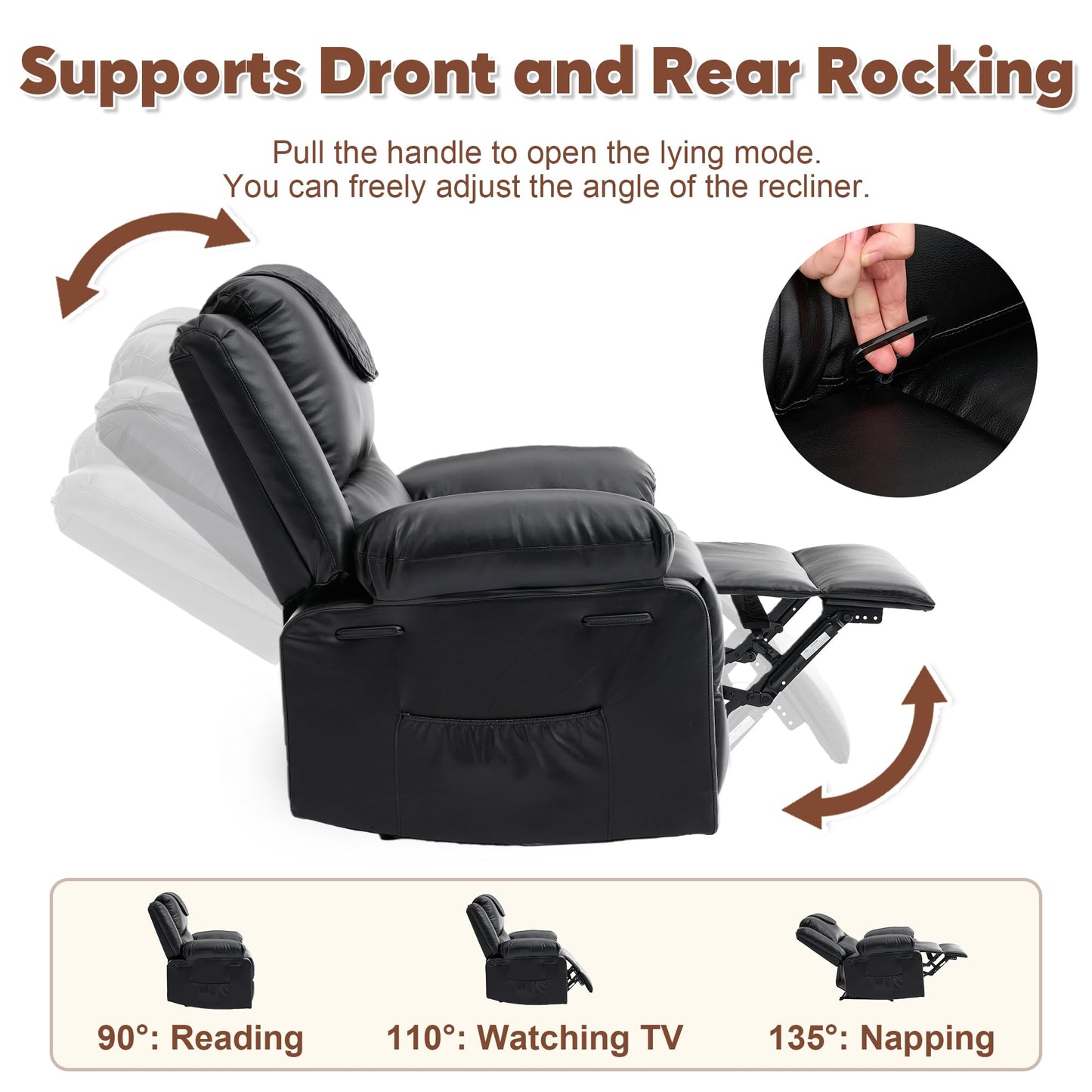 Adult Manual Recliner with Heating and Massage Functions (135° Front and Rear Adjustment) - Equipped with Side Storage Pockets and Remote Control, Suitable for Living Room and Bedroom(Black)