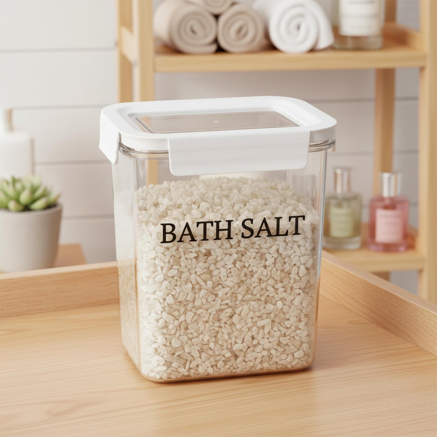 Qinpufu 61 oz Bath Salt Jar, Plastic Bath Salt Container with Scoop, Airtight Storage with Locking Lids, Stackable Clear Canister for Epsom Salt, Bathtub Accessories