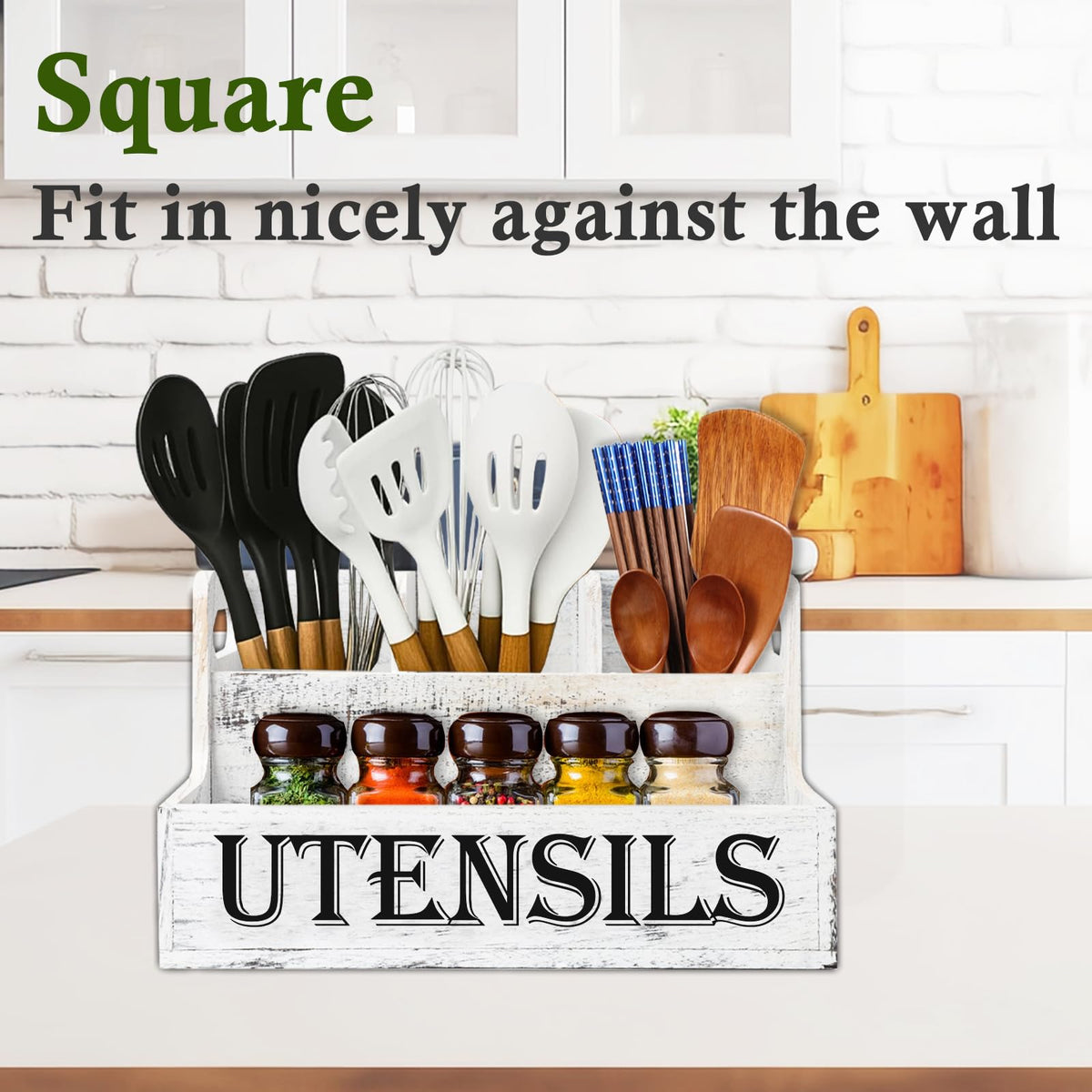 Gachiwar Utensil Holder, Extra Large Kitchen Utensils Holder with 4 Compartments, Wooden Utensil Organizer for Kitchen Countertop, Farmhouse Decor, Rustic Cooking Utensils
