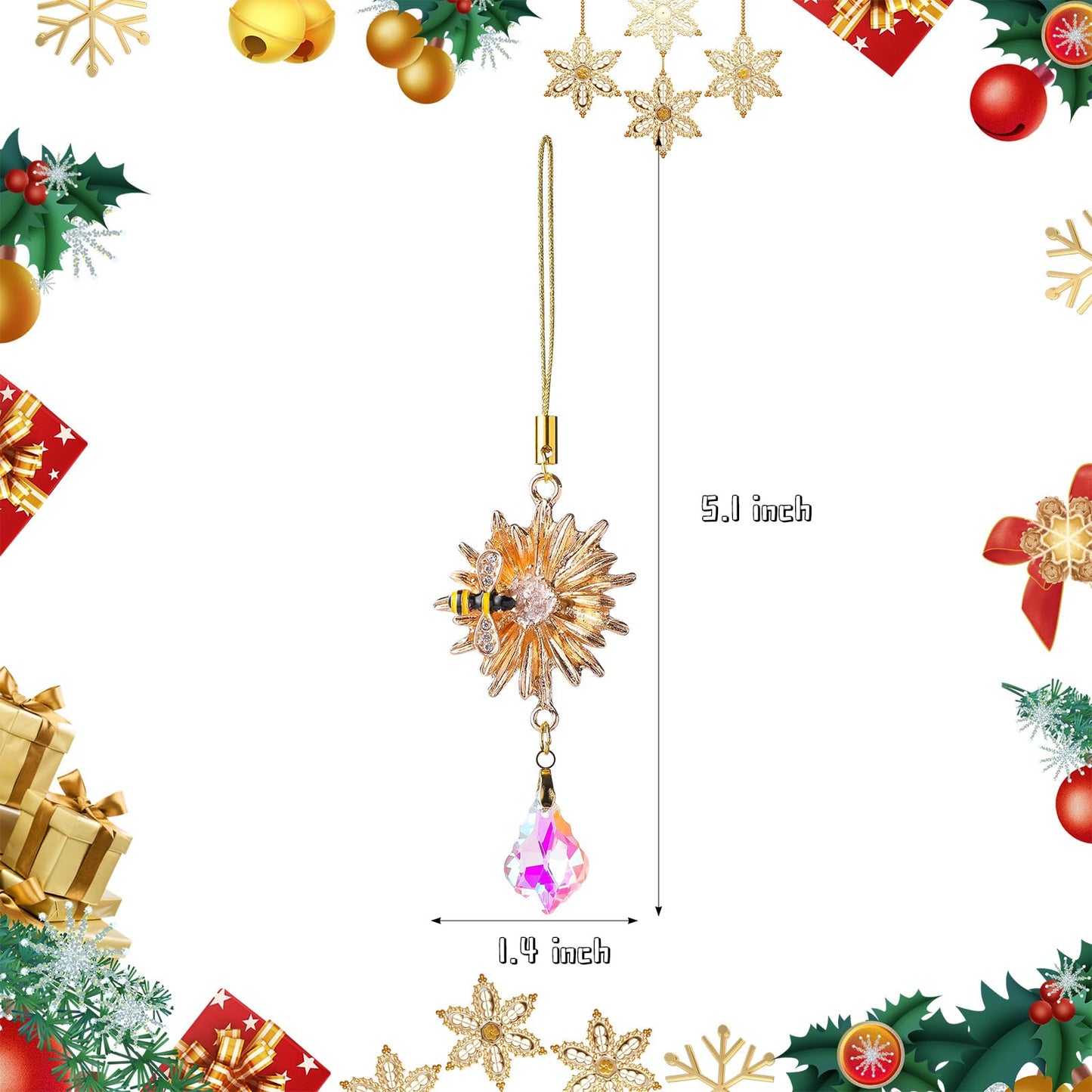 5Pcs Crystal Suncatchers Glass Prisms Christmas Tree Decorations Gold Flower Bee Hanging Crystal Ornament Wedding Party Home Decor