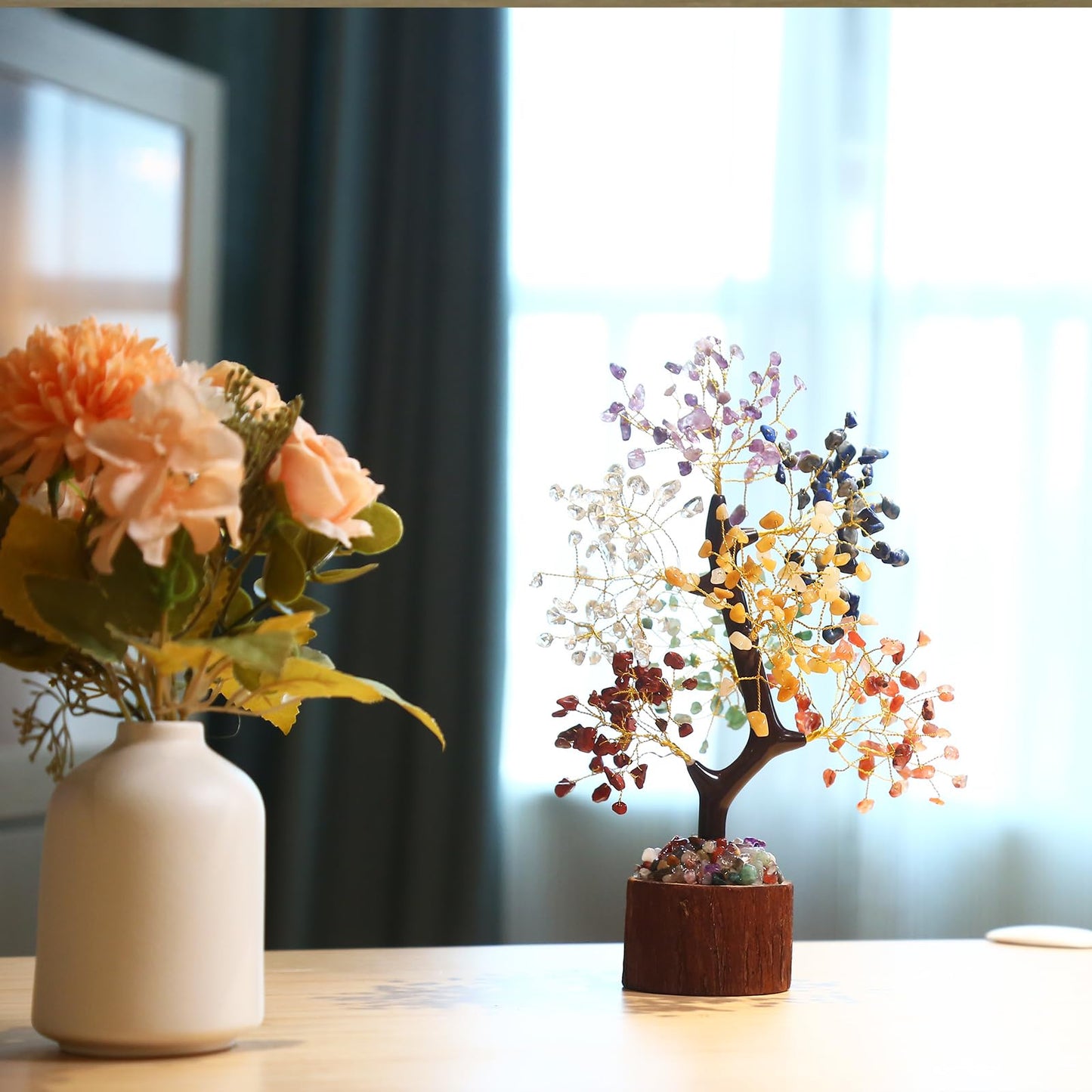 Crystal Tree of Life with Chakra Stones - Healing Crystals Decor for Desk & Home, Housewarming Gifts for New Home, Unique Birthday Gifts for Women, Sisters, Friends (7 Chakra Tree Wooden Base)