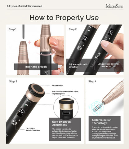 MelodySusie Professional Cordless Nail Drill SM220G Black, 30,000RPM Portable Electric Nail File, Low Noise & Low Vibration Coreless Motor, with 6 Bits & Sanding Bands Kit for Nail Salon & Home