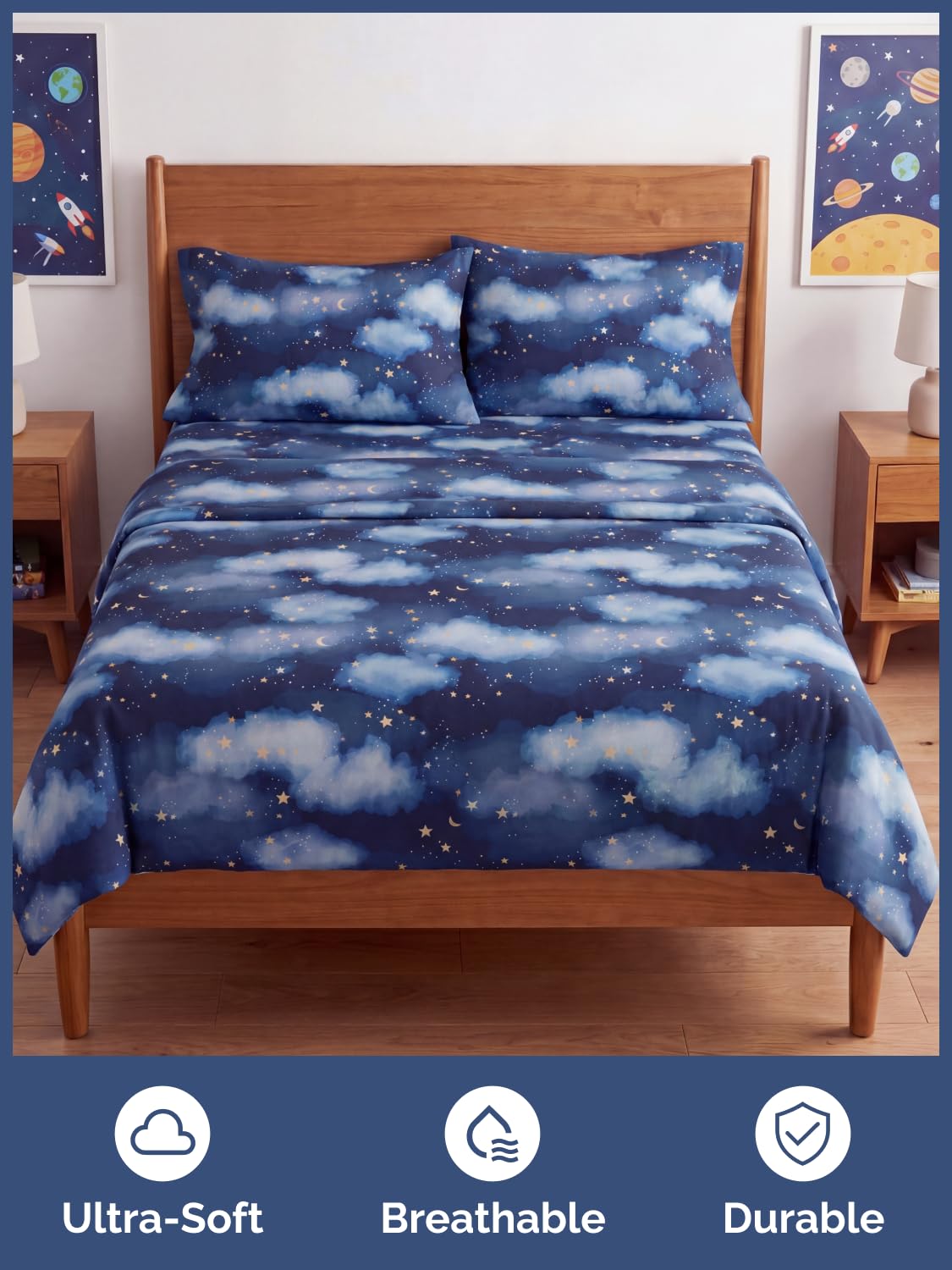 CGK Unlimited Kids Starry Sky Queen 4 Piece Sheet Set - Boys, Girls, Teens, Toddler - Easy Fit Deep Pockets - Soft, Cooling & Breathable Sheets - Cute, Cozy, Fade and Wrinkle Free - Machine Washable