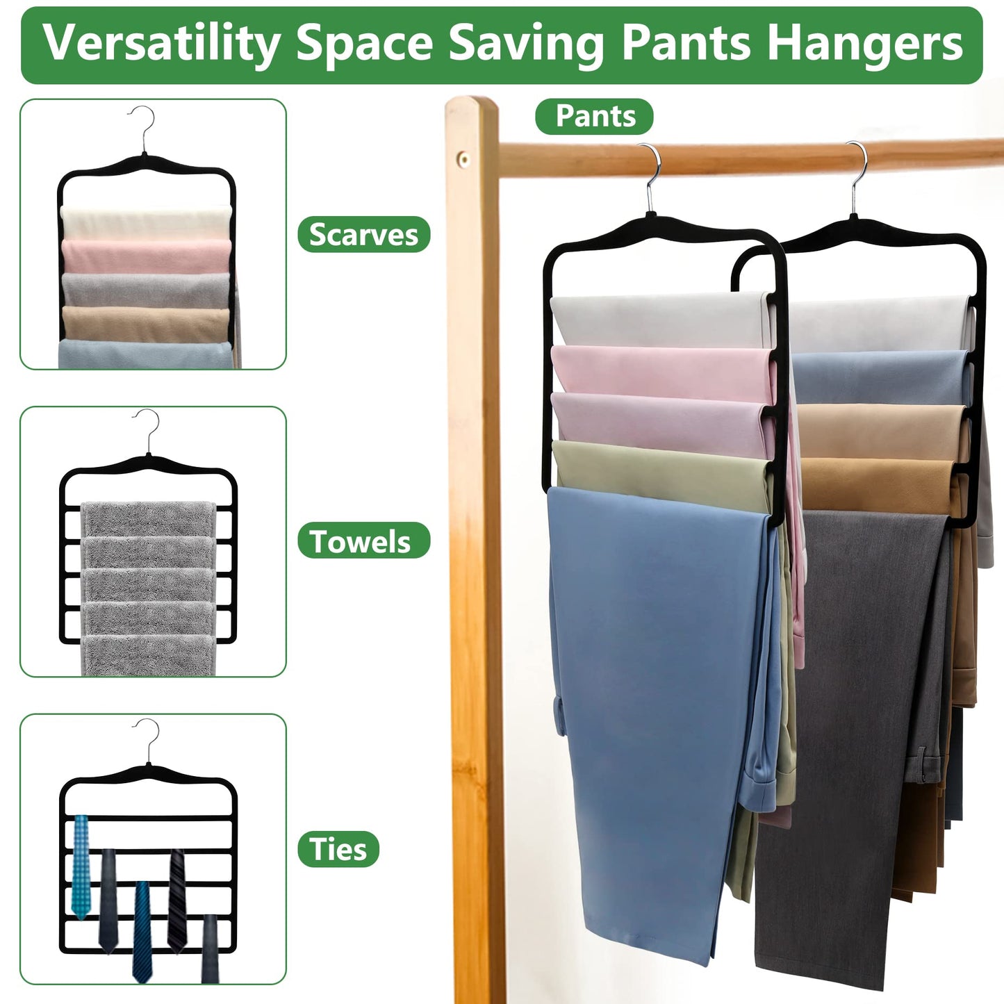 Pants Hangers Space Saving,5P Scarf Hangers for Closet Organizers and Storage,Non Slip Velvet Hanger for Closet Organizer,College Dorm Room Essentials,Heavy Duty Organization and Storage Jean Hangers