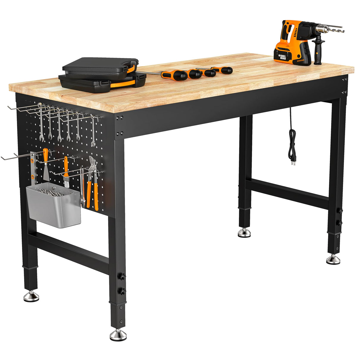 CAMMOO 48" Adjustable Heavy Duty Workbench, 2000 LBS Load Capacity Rubber Wood Work Table with Pegboard, Power Outlets, Work Bench for Garage, Workshop, Office, Home, Commercial