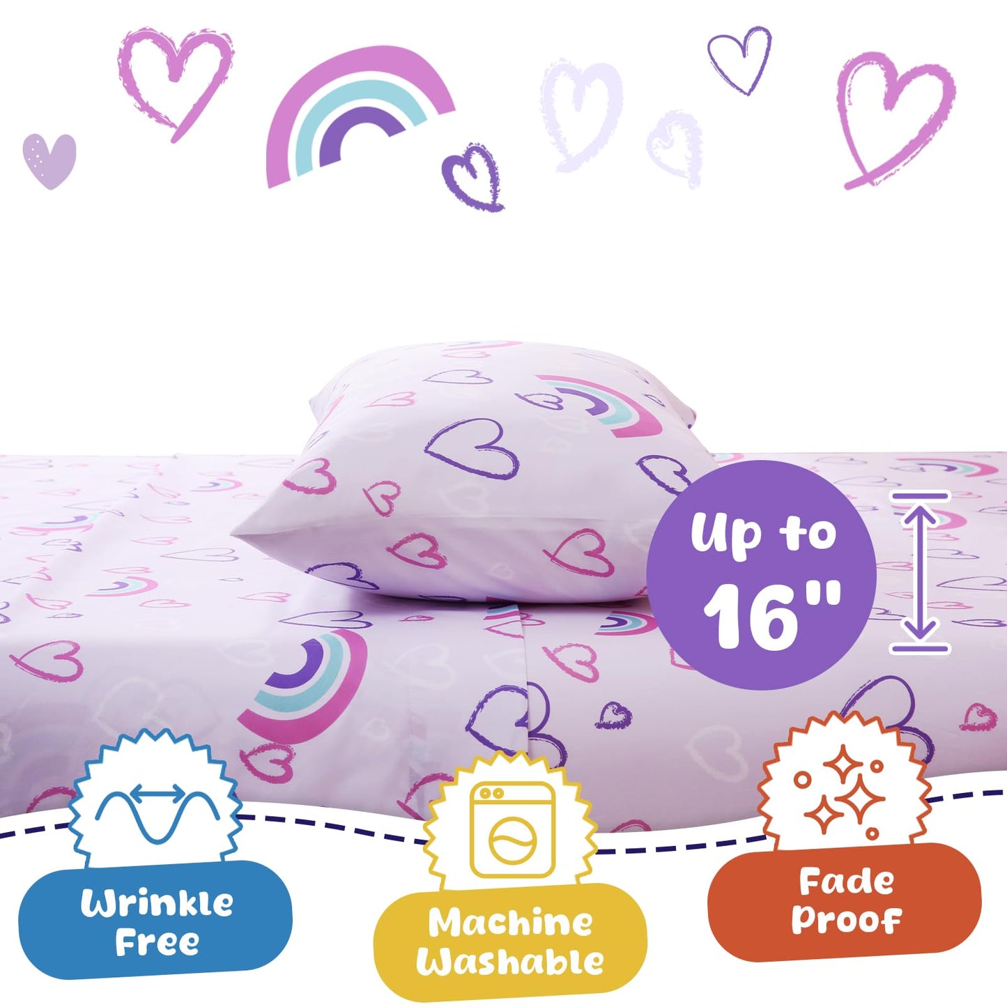 Swiftify Twin Sheet Set Kids, Rainbow Hearts Purple Sheets, 3-Piece Bed Sheet Set for Boys & Girls, Soft Brushed Microfiber Bedding, Deep Pocket, Wrinkle & Fade Resistant