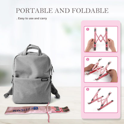 EFFICOM Laptop Stand for Desk, Ergonomic Lap Riser, Portable Laptop Stand, Aluminum Lightweight Foldable Notebook Support, Compatible with Laptop 10-15.6'' and Tablet, Phone (Pink)