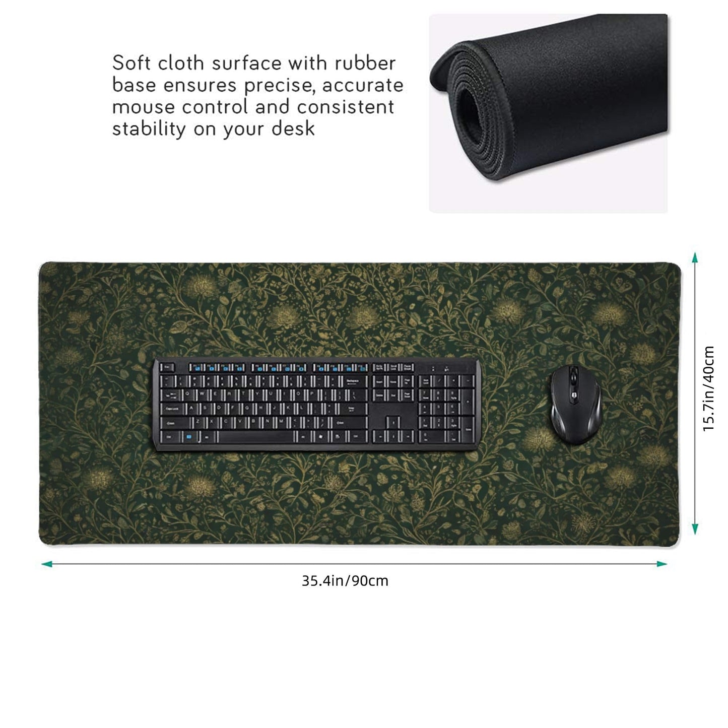 Dark Green Floral Desk Mat Gold Flowers XXL Large Desk Pad - Anti-Slip Stitched Edges Mouse Pad for Women, Office & Home, Extra Big Computer Keyboard Mat for Desktop, Aesthetic Office Decor