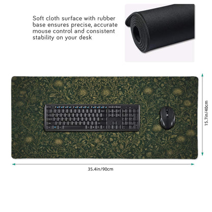 Dark Green Floral Desk Mat Gold Flowers XXL Large Desk Pad - Anti-Slip Stitched Edges Mouse Pad for Women, Office & Home, Extra Big Computer Keyboard Mat for Desktop, Aesthetic Office Decor