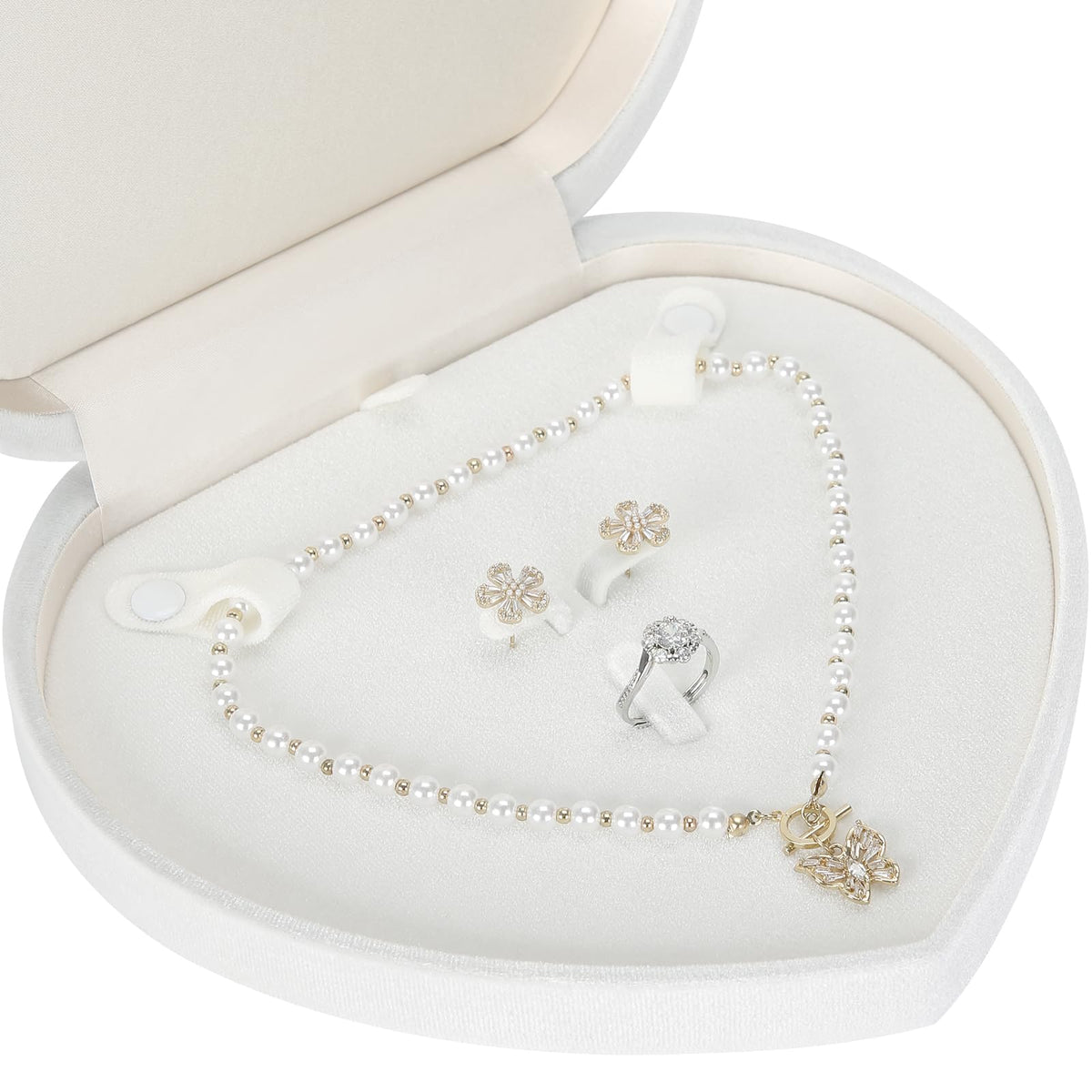LETURE Large Jewelry Set Gift Box, Heart-Shaped Velvet Necklace Ring Earring Pearl Storage Organizer Holder Box (WHITE)