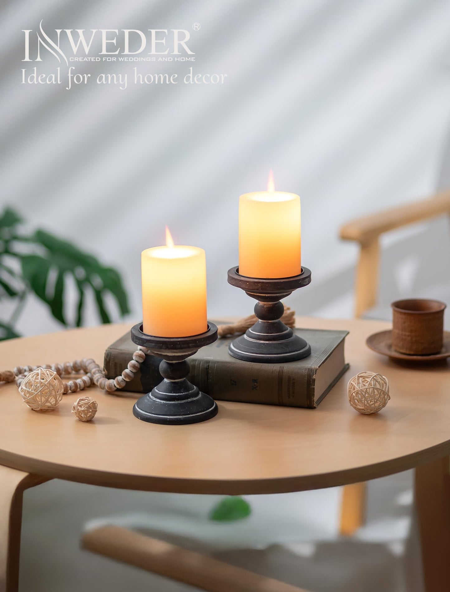 Inweder Wood Pillar Candle Holder: 2Pcs Rustic Black Candle Holders for Pillar Candles Wood Candle Holders Distressed Wooden Farmhouse Candle Holder Large Rustic Candle Holder for Fireplace Table