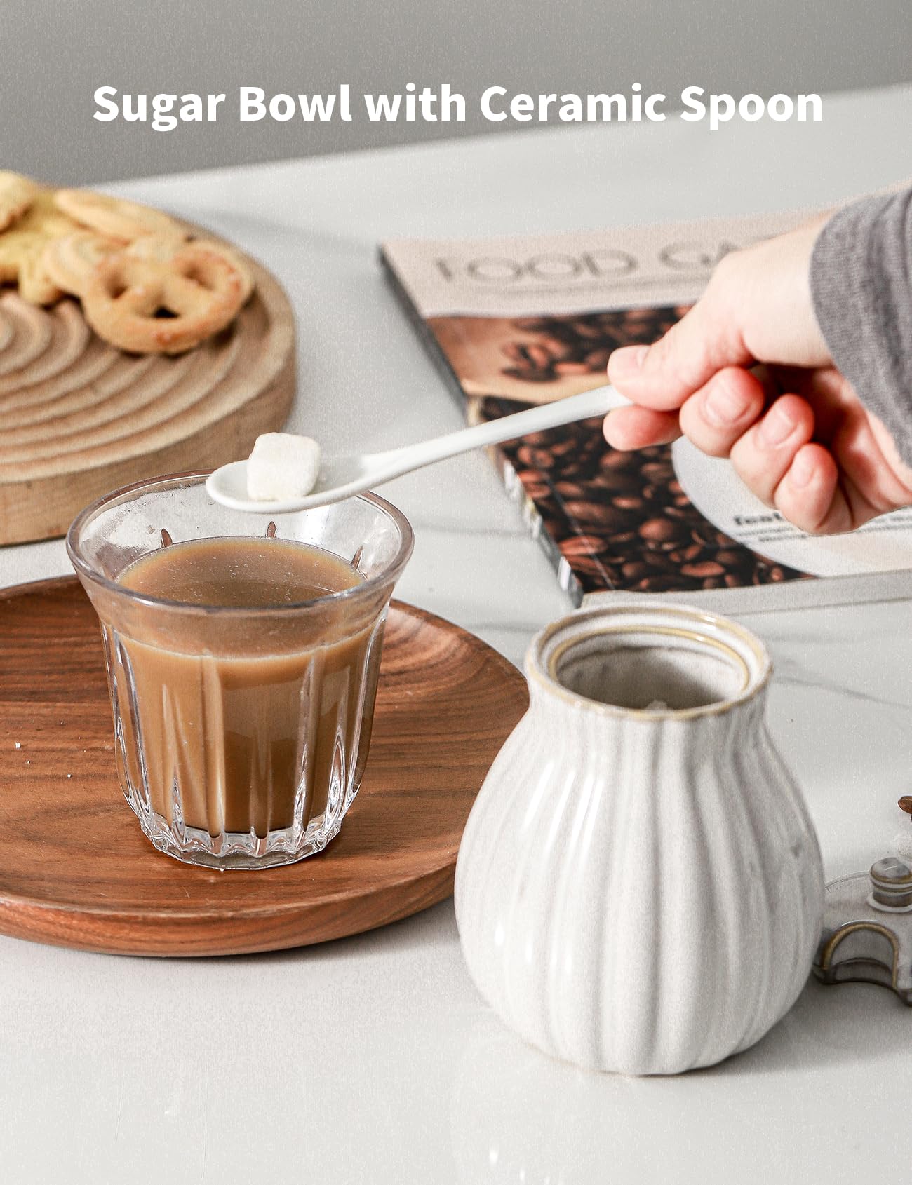 Seyatoo Sugar Bowl with Lid and Spoon, Ceramic Sugar Container for Coffee Bar, Sugar Jar Holder Sugar Dispenser Bowl for Sea Salt, Spice and Sugar, Glazed White