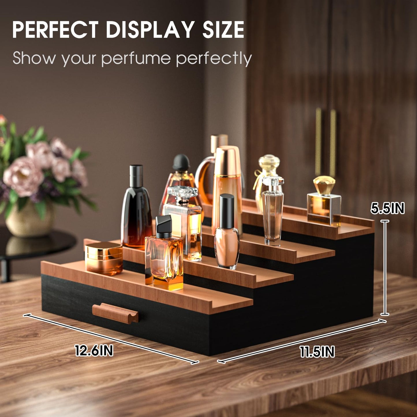 Sephyroth Cologne Organizer for Men 4 Tier of Elevated Cologne Display Shelf with Drawer Storage Perfume Organization and Storage Display Risers,Great Gift for Man(4Tier-BlackWalnut)