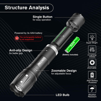 RECHOO 6Pack LED Flashlight, Bright Small Flashlights High Lumens with 3 Modes, Pocket Mini Flashlight Battery Powered, Flash Light Adjustable Focus, Waterproof Flashlights for Home Emergency Camping