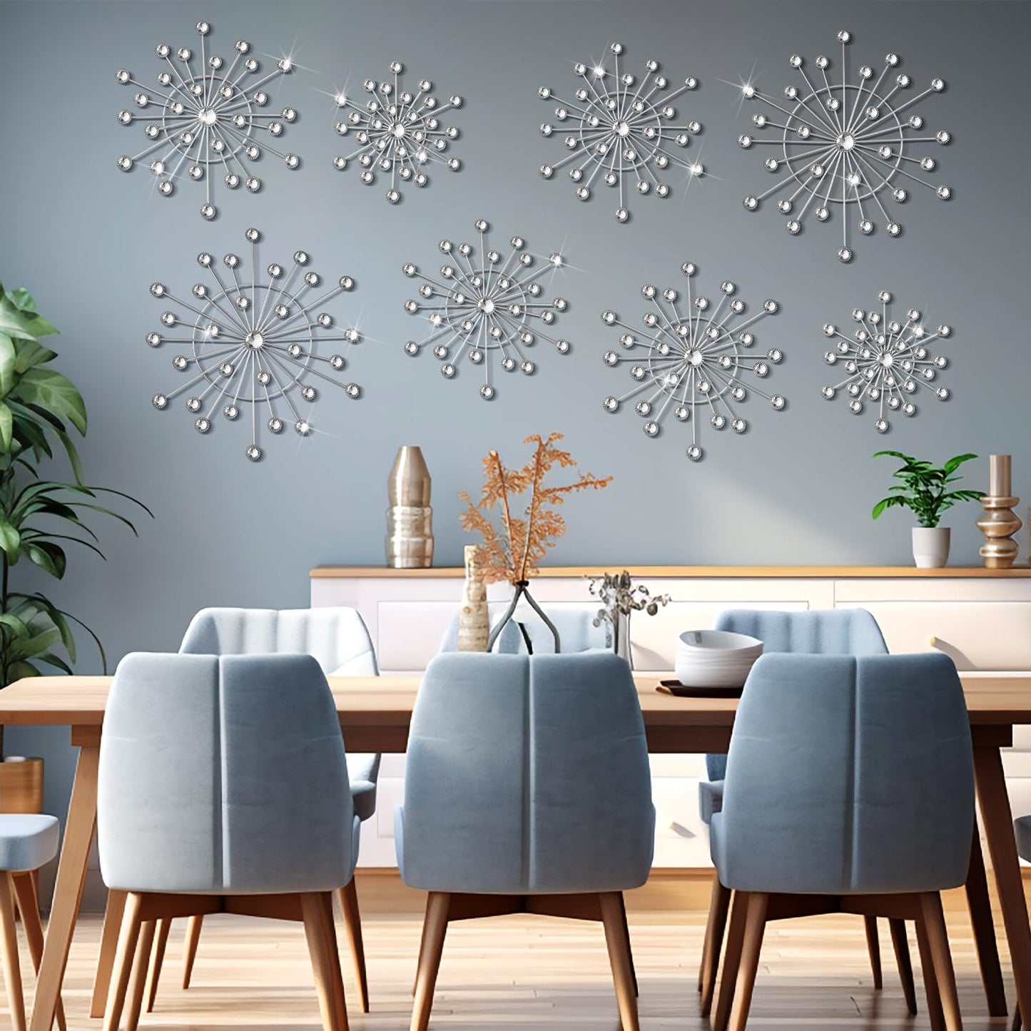 MorningRo 8 Pcs Metal Wall Decor Bling Crystal Wall Art Cast Iron Rhinestones Sunburst Decor Starburst Art Hanging Diamond Accents Home Decorative for Living Room Bedroom Entryway