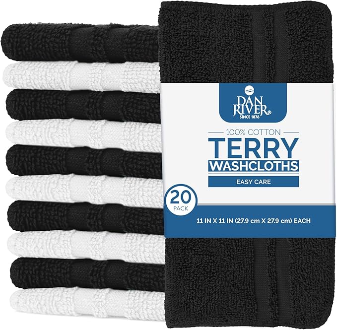 DAN RIVER 100% Cotton Washcloths 20 Pack Premium Quality Face and Body Cloth