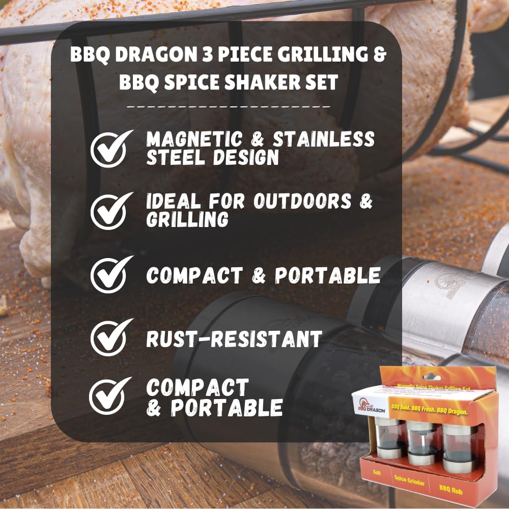 BBQ Dragon 3 Piece Salt and Pepper Shakers Set – Magnetic Stainless Steel Dispensers with Refillable Grinder – Adjustable Lids for Kitchen, Grill and Outdoor Cooking