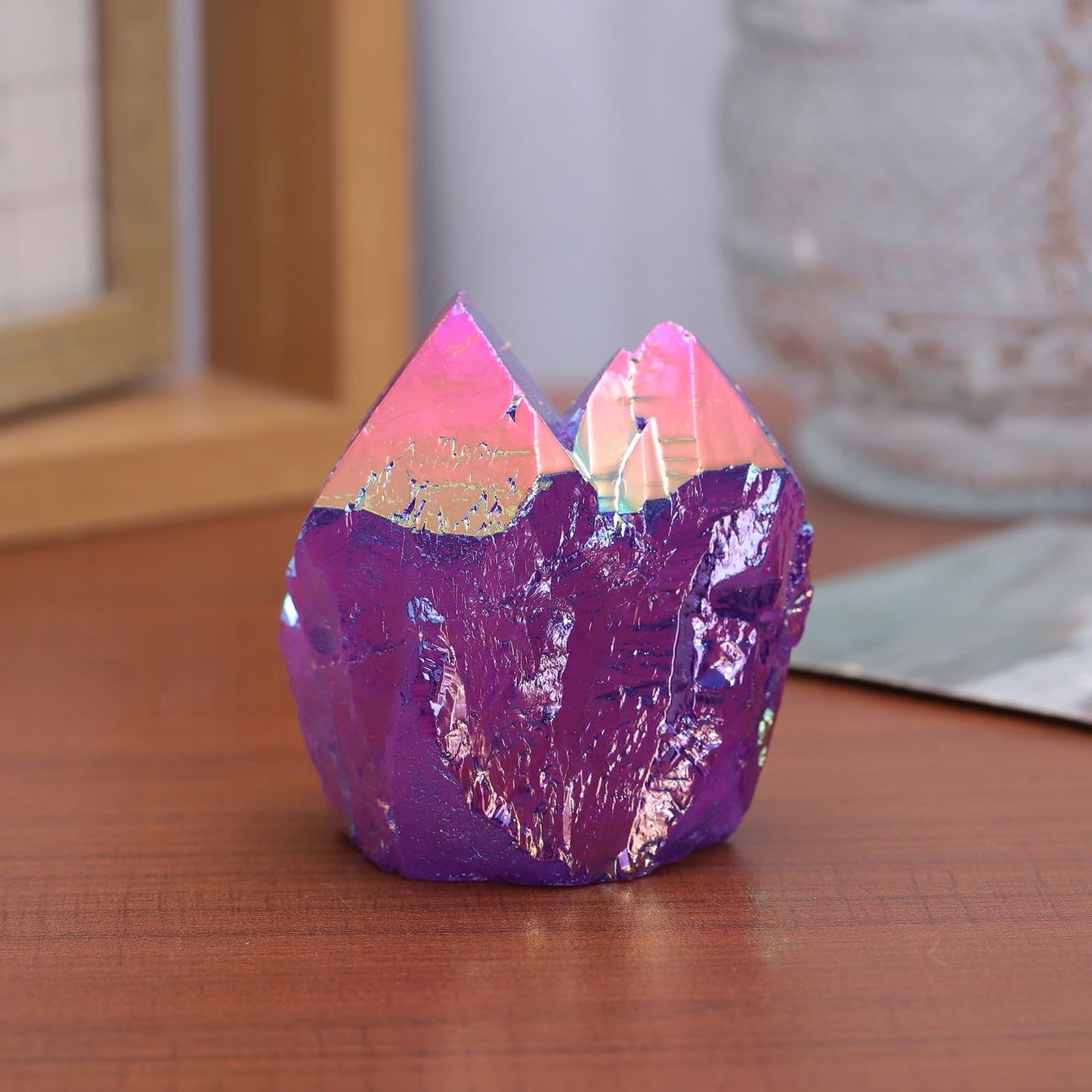 Rockcloud Natural Titanium Coated Purple AB Crystal Cluster Irregular Reiki Crystal Geode Mineral Specimen for Home Decor, Purple