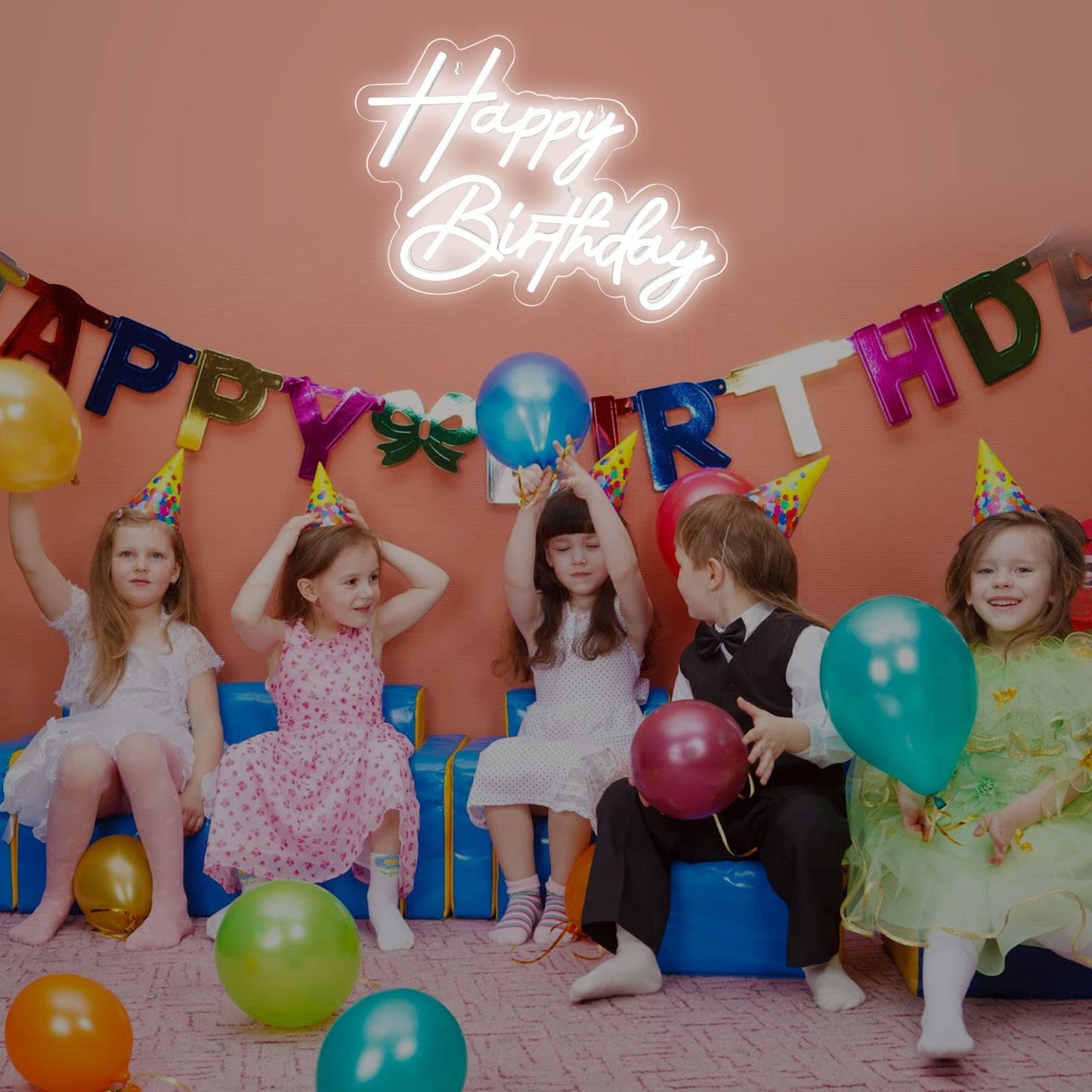 Happy Birthday Neon Sign for Wall Decor, Warm White LED Neon Light Signs, Art Decoration Happy Birthday Neon Light Sign for All Birthday Party Decoration with 2 Pcs Pasters (17×12 Inch)