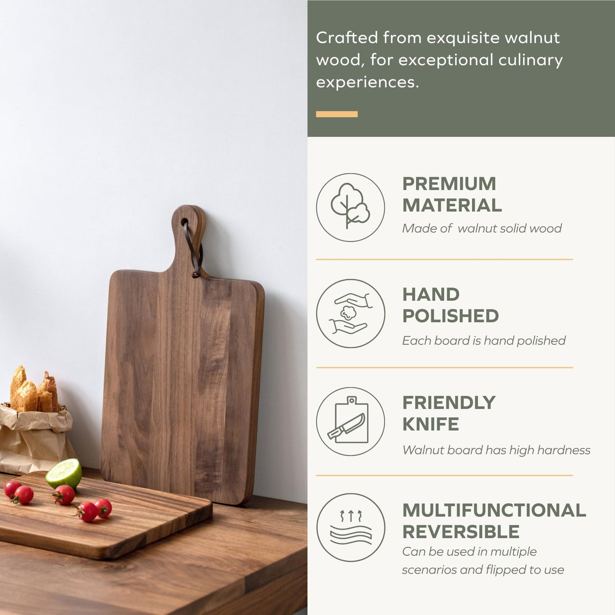 Muso Wood Walnut Cutting Board for Kitchen, Wooden Chopping Board with Handle to Hang, Square Bread Pizza Cheese Board, Charcuterie Board Used for Serving Platter 15.7x9.8 inch