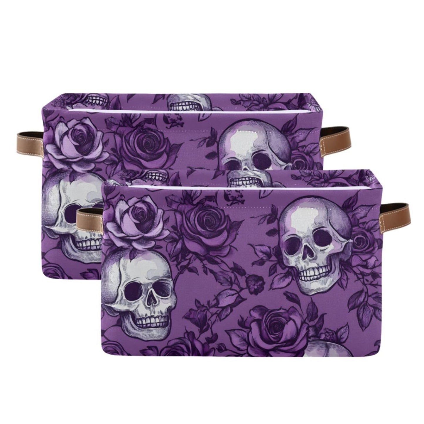 Purple Rose Skull Shelf Storage Baskets,Foldable Storage Bins with Handles,Rectangular Organizer Bin Gift Baskets Decor for Bedroom Home Office