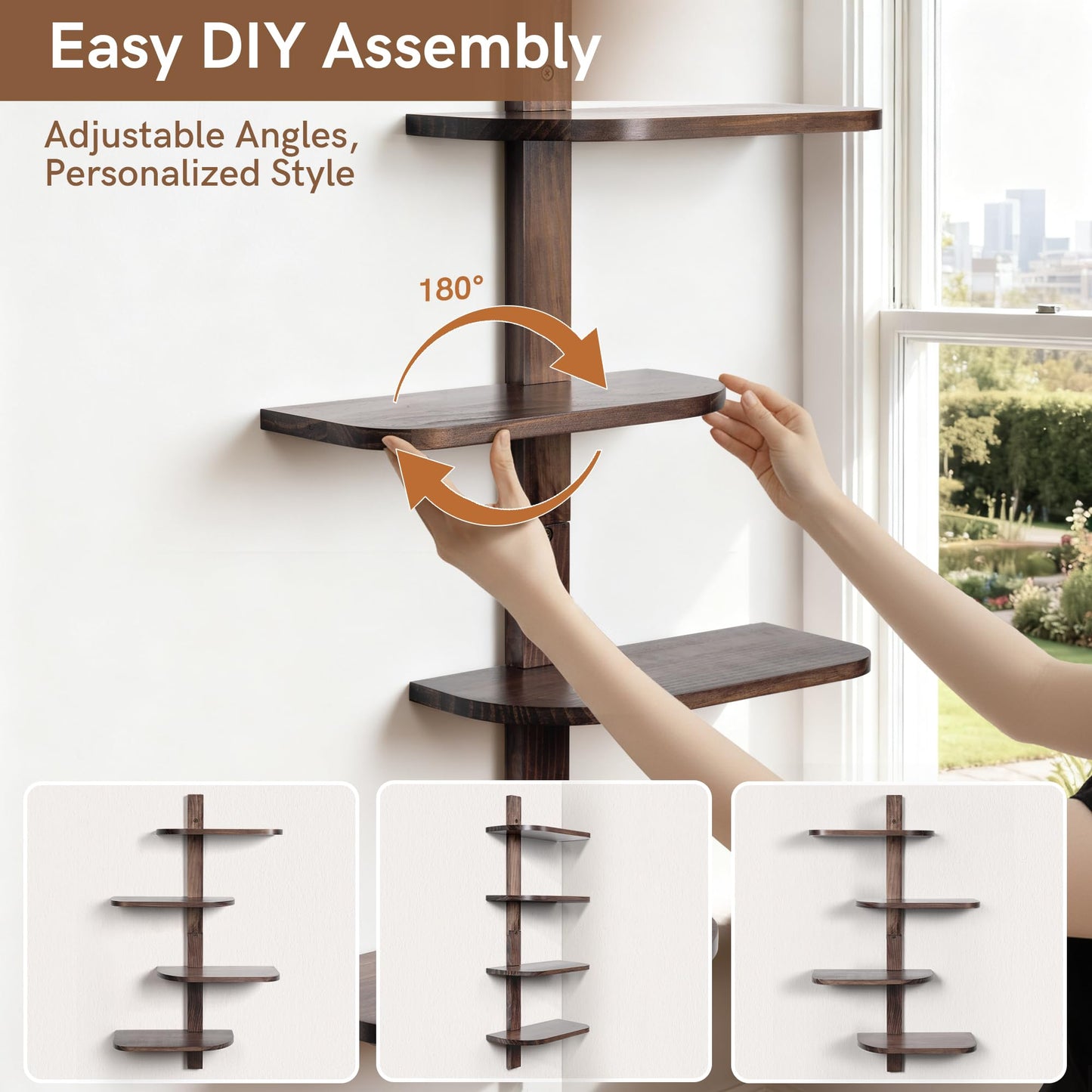 Afuly Mid Century Modern Decor Floating Shelves Walnut Display Shelf Wall Unit Solid Wood Decorative Shelving Home Decor Living Room Bedroom Coffee Bar Bathroom Plant Photo Set of 4