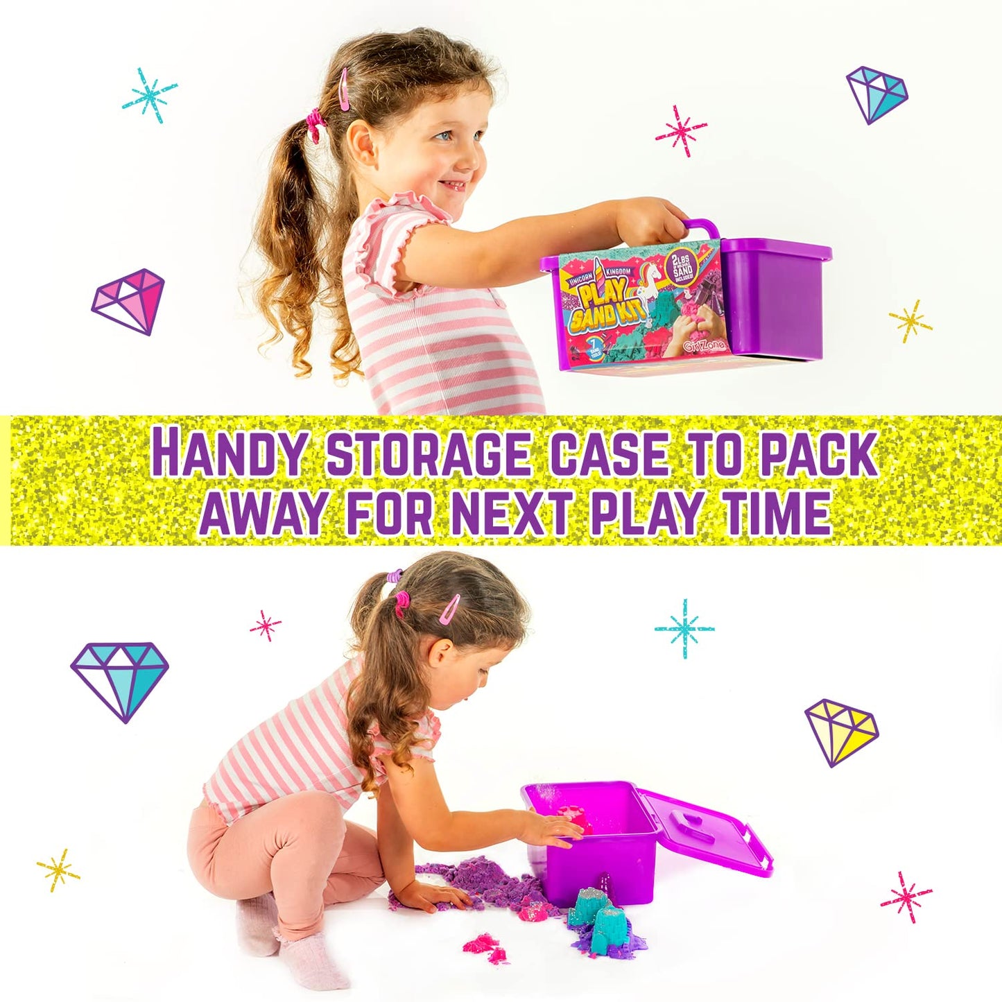 GirlZone Unicorn Kingdom Sand Kit, Craft Set with Squishy Sand, 7 Sand Toy Tools, & More in a Carry Case, Fun Toy for Playdates and Great Gift Idea